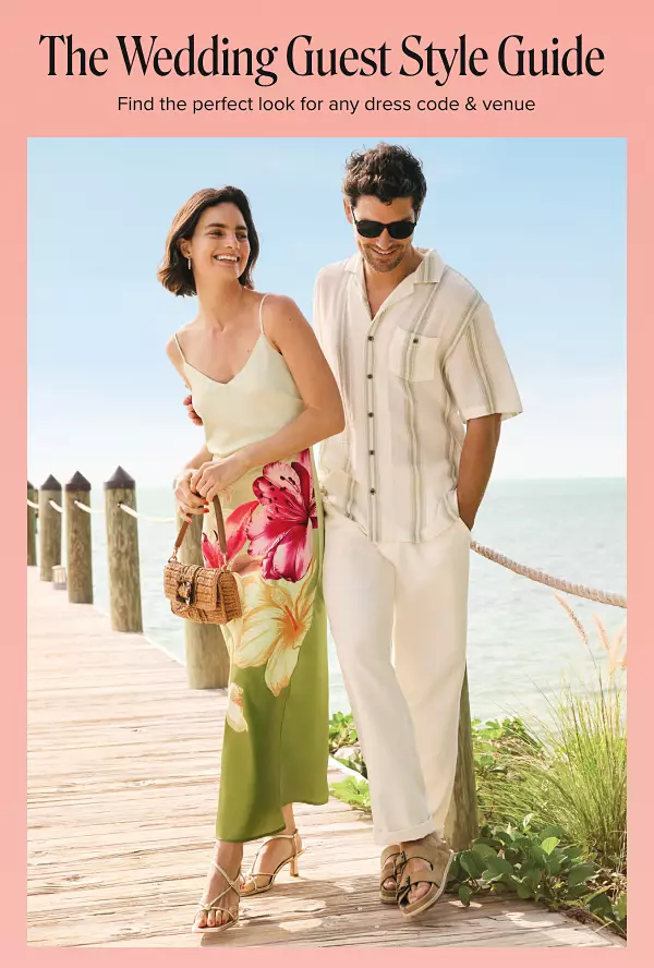 The wedding guest style guide. Find the perfect look for any dress code and venue. A woman in a dress and a man in white pants and a button down shirt.