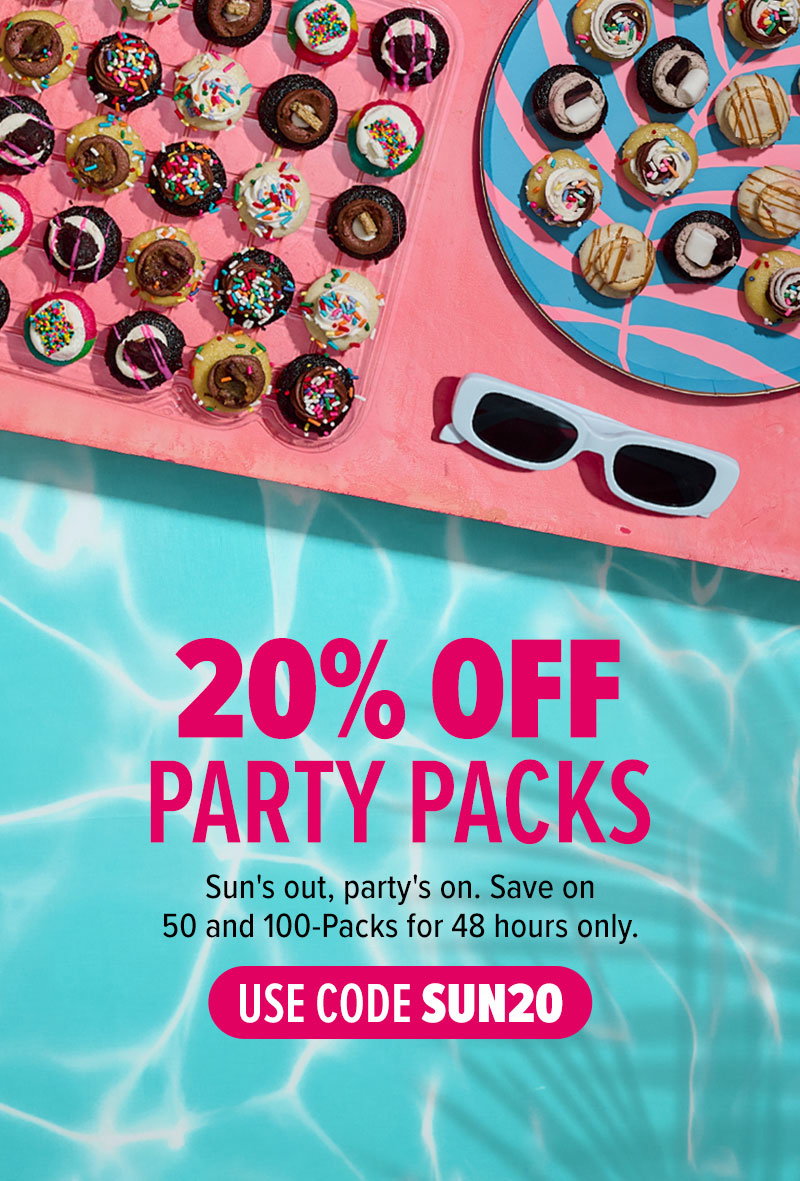 20% off party packs! Sun's out, party's on. Save on 50 and 100-Packs for 48 hours only. Use code SUN20!