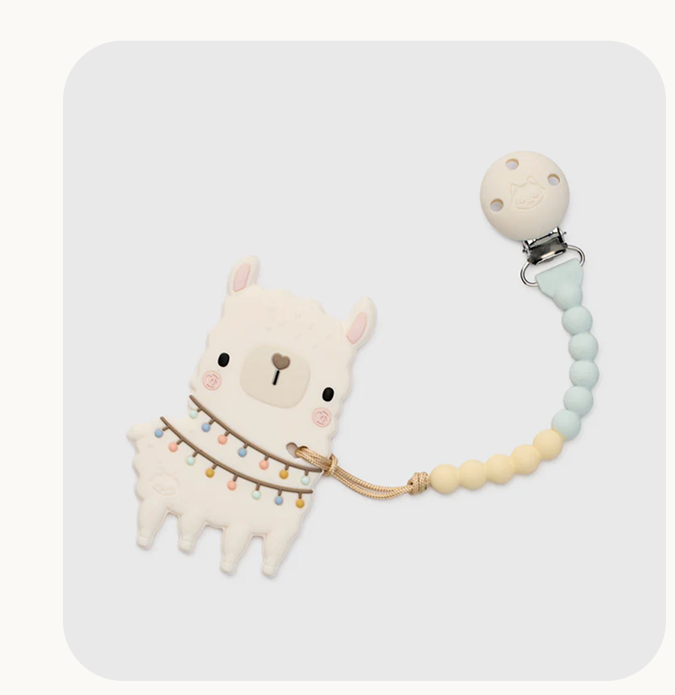 lama teether attached to a blue and yellow silicone pacifier clip