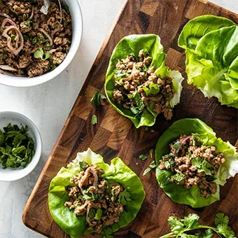 Plant-Based Larb Lettuce Wraps with Lime, Mint, and Cilantro