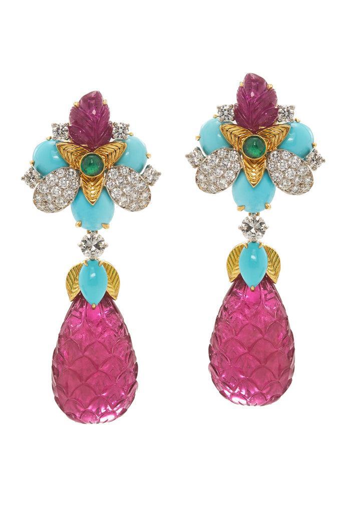 Image of diamond turquoise ruby blossom earrings