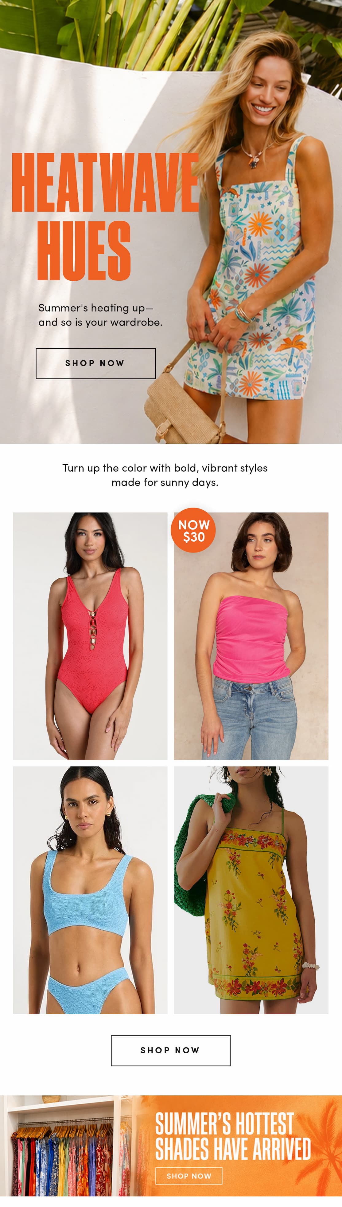 Summer fashion email featuring a smiling model in a colorful floral mini dress, vibrant swimwear and tops, a “Heatwave Hues” headline, and shop-now promotions.
