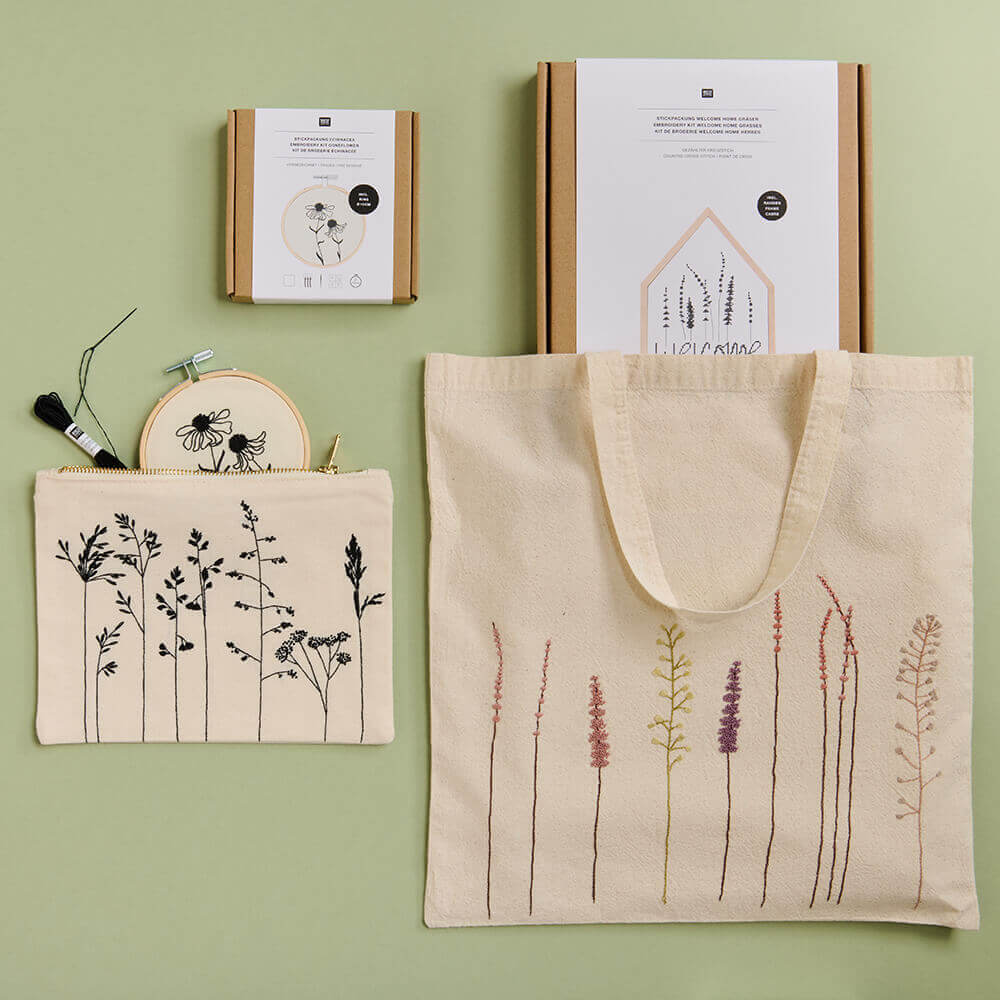 Vorgezeichnete Stickpackungen für Dekoringe, Taschen, Etuis & Co.