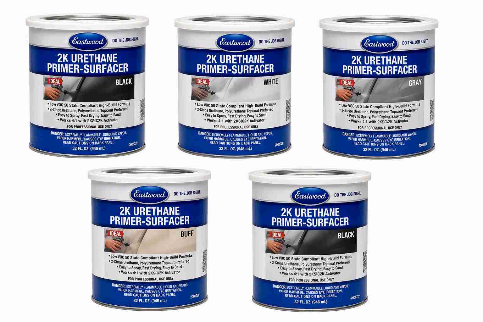 Eastwood 2K Urethane Primer-Surfacer collection featuring Black, White, Gray, and Buff high-build automotive primer options.