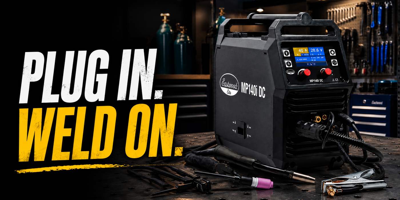 Eastwood Elite MP140i DC welder with “Plug In. Weld On.” text in a professional workshop.