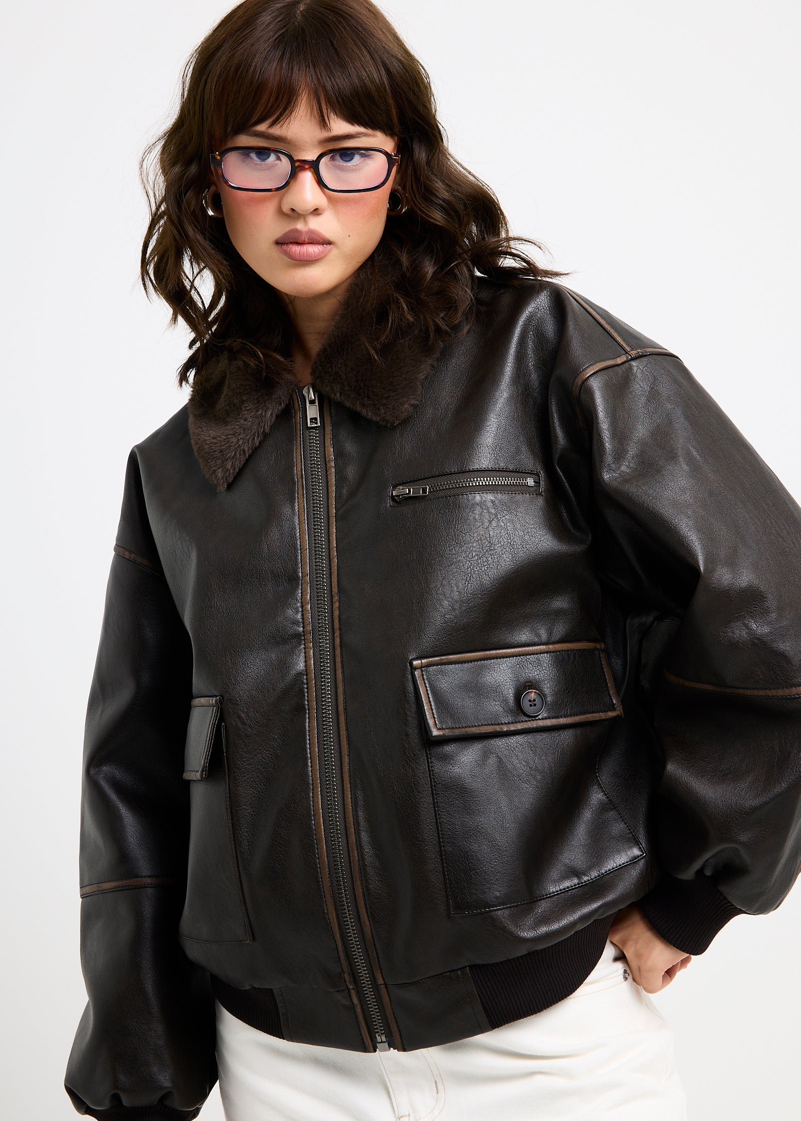 Image of Cody Fur Trim Distressed PU Jacket