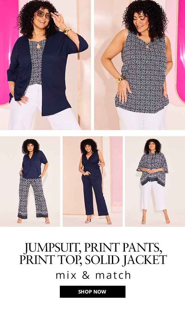  Jumpsuit, print pants, print top, solid jacket - mix & match