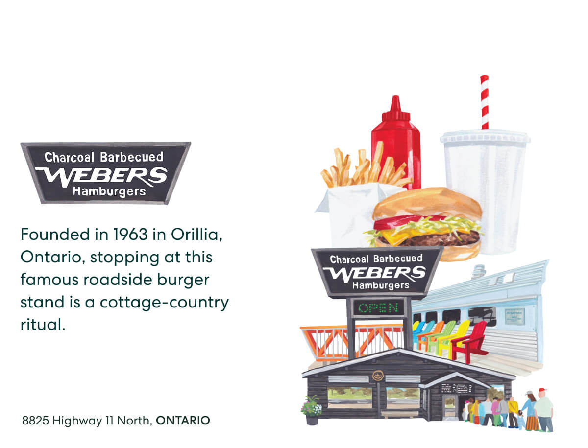 Charcoal Barbecued WEBERS Hamburgers  -  Founded in 1963 in Orillia, Ontario, stopping at this famous roadside burger stand is a cottage-country ritual.