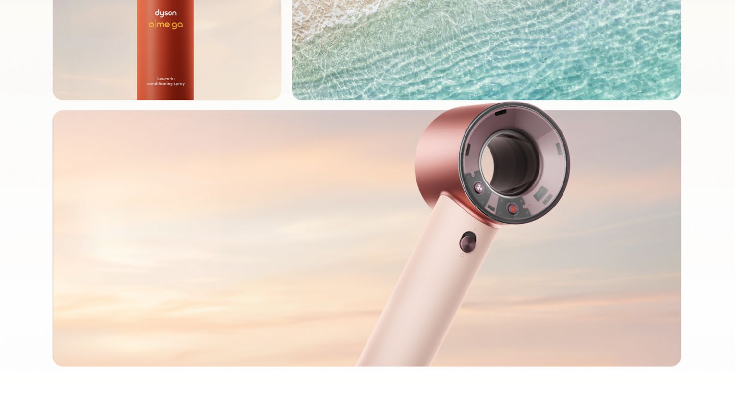 Collage mit Dyson Supersonic Travel Haartrockner, Omega Leave-in-Pflegespray und Reisezielen.