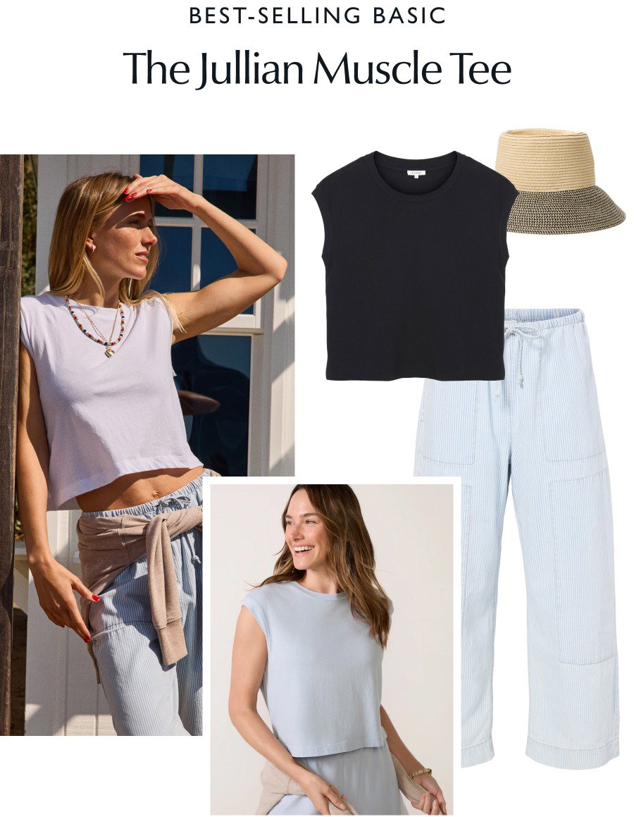 Best-Selling Basic, The Jullian Muscle Tee. Groups of imagery featuring the muscle tee from EVEREVE in multiple color ways.
