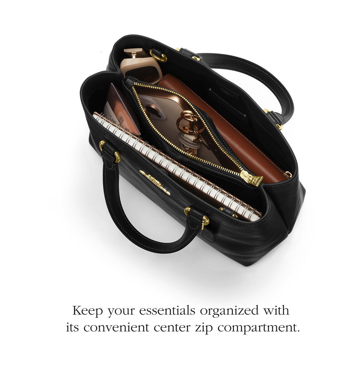 Keep your essentials organized with  its convenient center zip compartment.