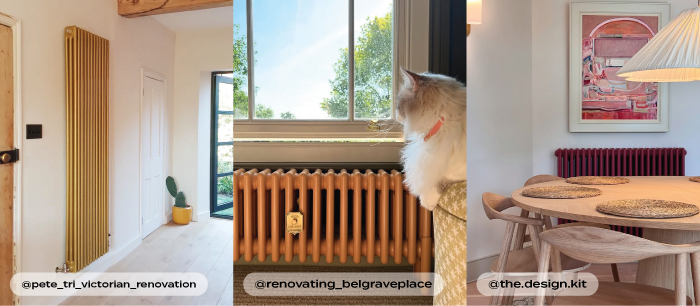 Three customer interiors featuring coloured radiators: a gold vertical radiator in a hallway, a copper radiator beneath a window with a cat looking outside, and a burgundy radiator in a dining room.