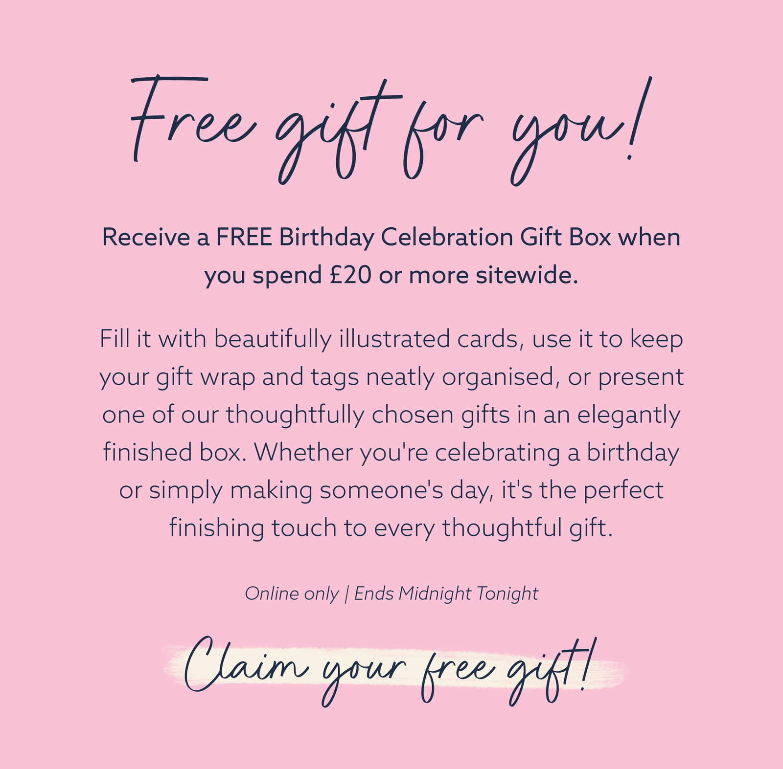 A promotional graphic showing a pink Whistlefish magnetic gift box with a birthday cake illustration on the lid and colourful confetti detailing. The heading reads, "Everything to Love About Your Free Gift Box". Handwritten callouts highlight the premium features: gold foil details, ribbon accent, magnetic closure and designed in Cornwall. The gift box is photographed slightly open to showcase its magnetic fastening and elegant finish.