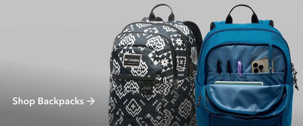Two colorful backpacks with text: Shop Backpacks