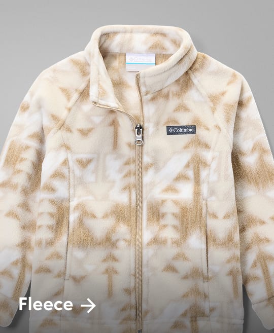 A white and tan fleece jacket with text: Fleece