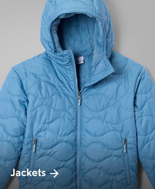 A blue puffer jacket with text: Jackets
