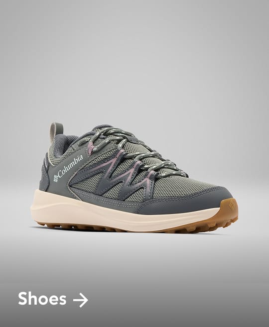 A green and grey sneaker with text: Shoes