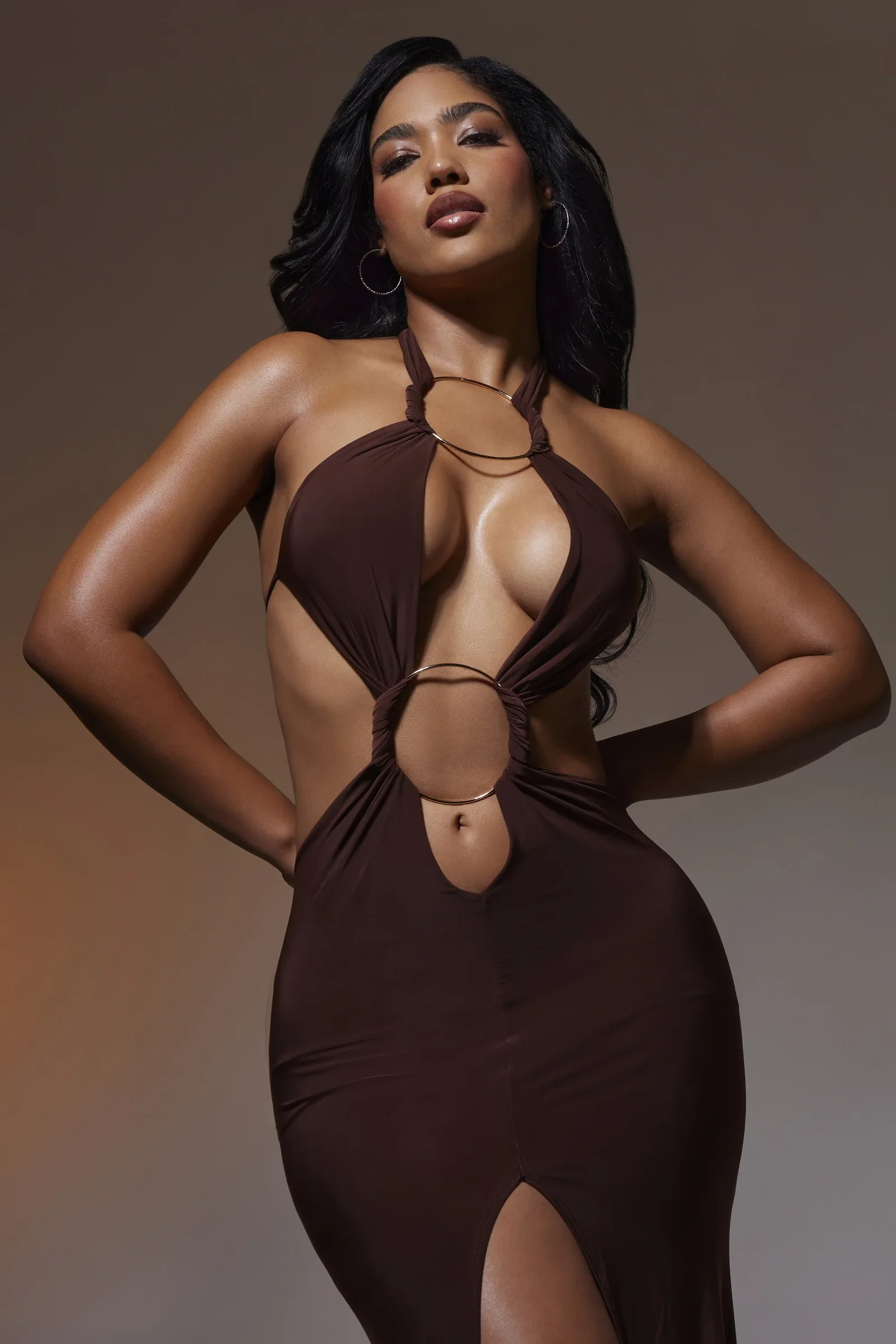 Image of Two-Ring Chocolate Maxi Cut-Out Dress