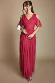 Pleat Bodice Ruffle Mesh Bridesmaid Midi Dress