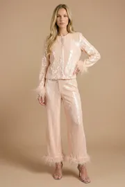 Hen High Waisted Sequin Feather Trim Trouser