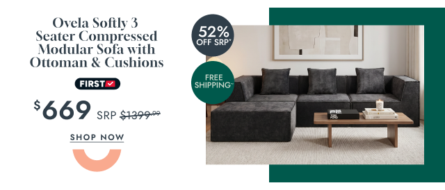 Ovela Softly 3 Seater Compressed Modular Sofa with Ottoman & Cushions