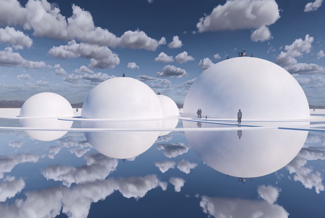 Render of Tomas Saraceno artwork of cloud-filled world, with giant white domes