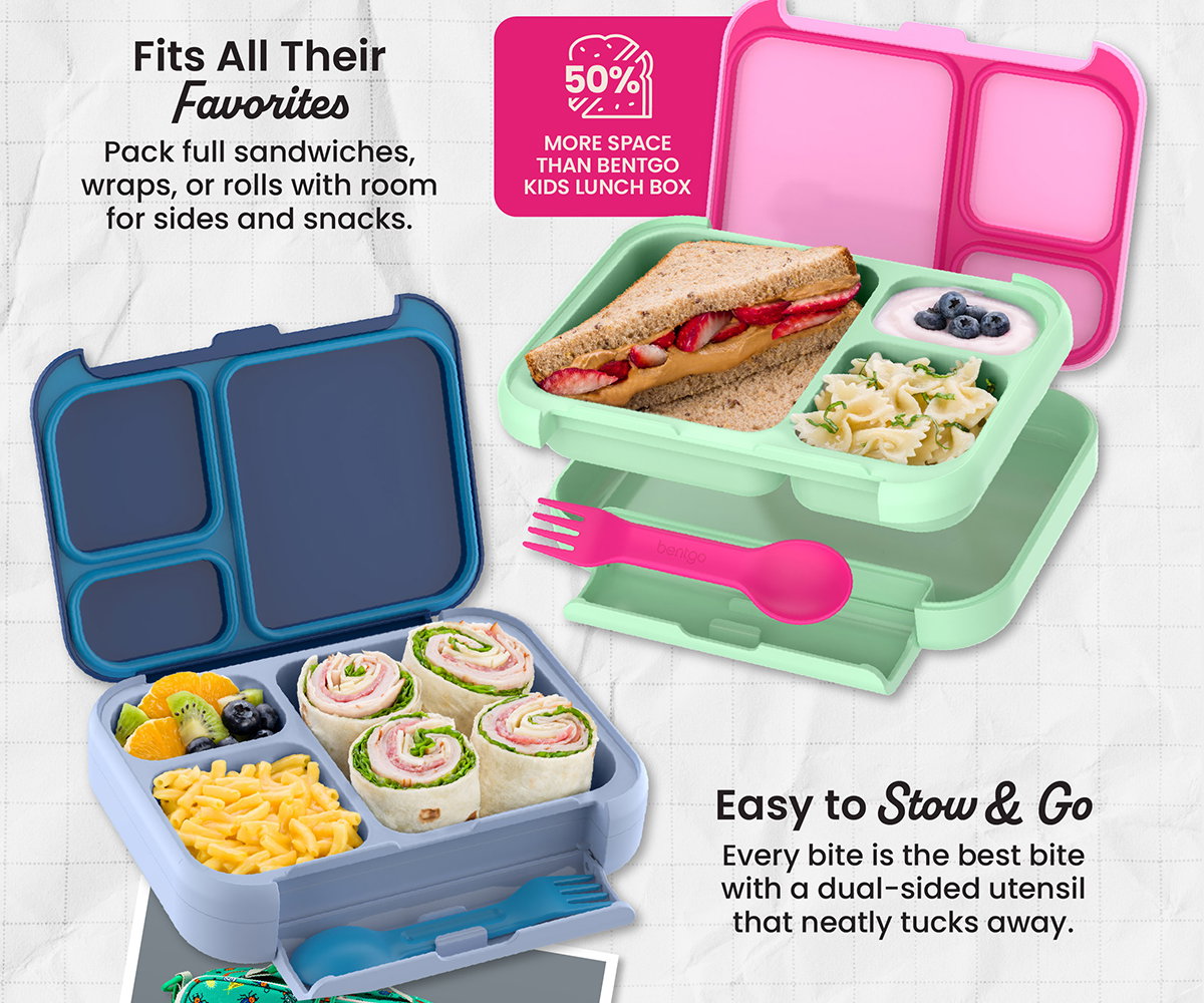 Fits All Their Favorites - Pack Full Sandwiches, Wraps, Or Rolls With Room For Sides And Snacks | Easy To Stow & Go - Every Bite Is The Best Bite With A Dual-Sided Utensil That Neatly Tucks Away.