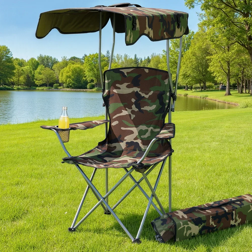 Camping Chair With Canopy Folding Outdoor Portable Seat Lightweight Beach Picnic Fishing Capacity 120KG Army Green