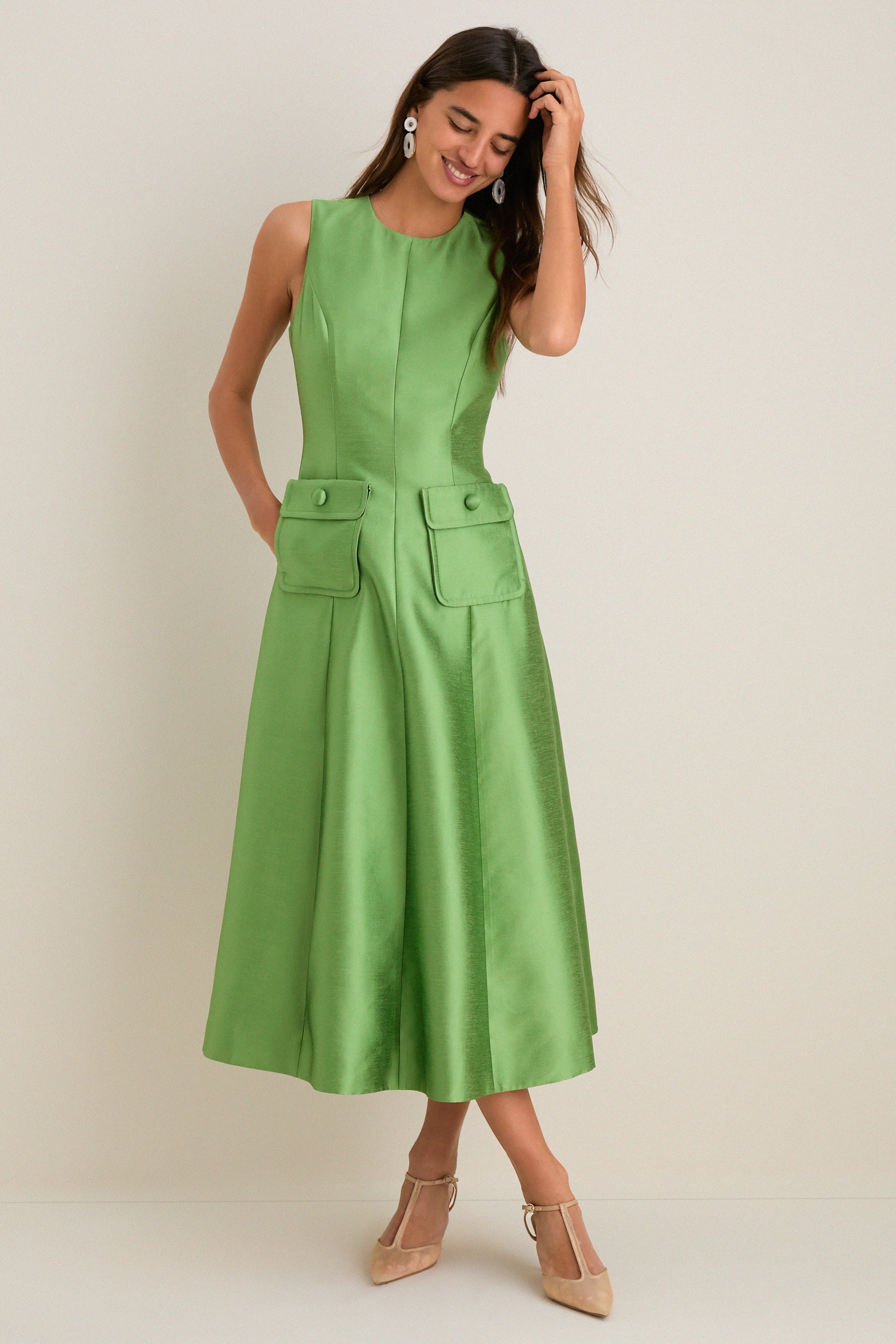 Image of Pistachio Dupioni Helene Midi Dress