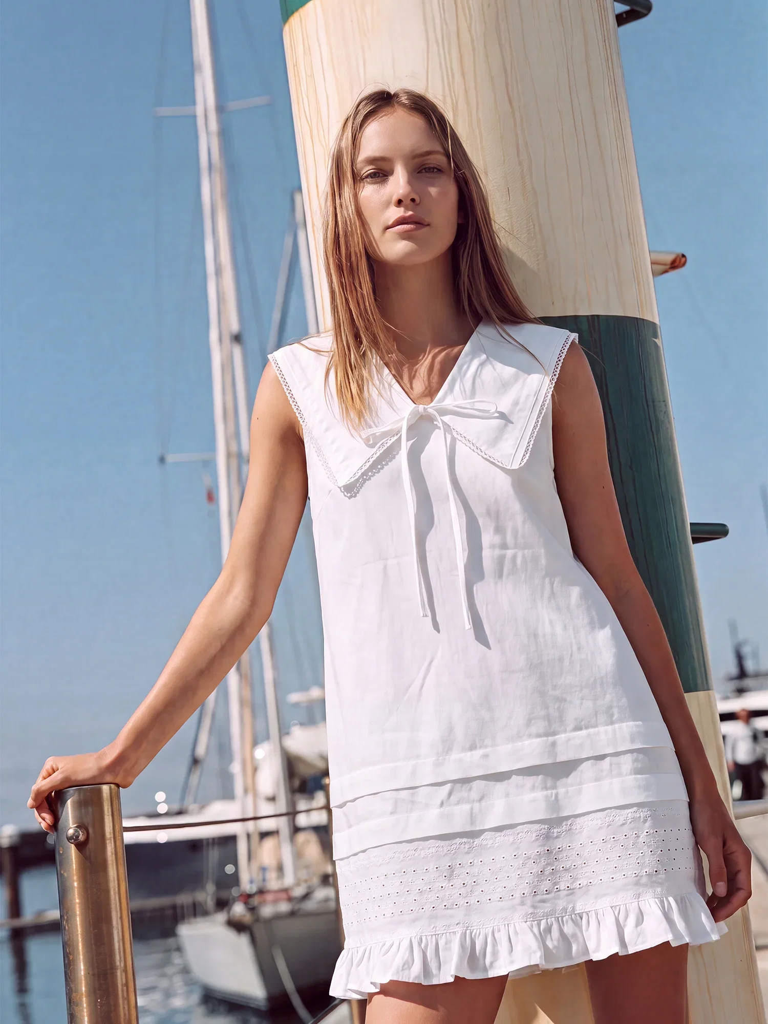 Image of Sleeveless Peter Pan Collar Pin Tuck Ruffle Hem Shift Dress