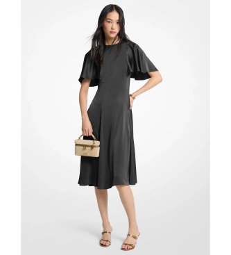 Vestido midi de satén con mangas con vuelo negro