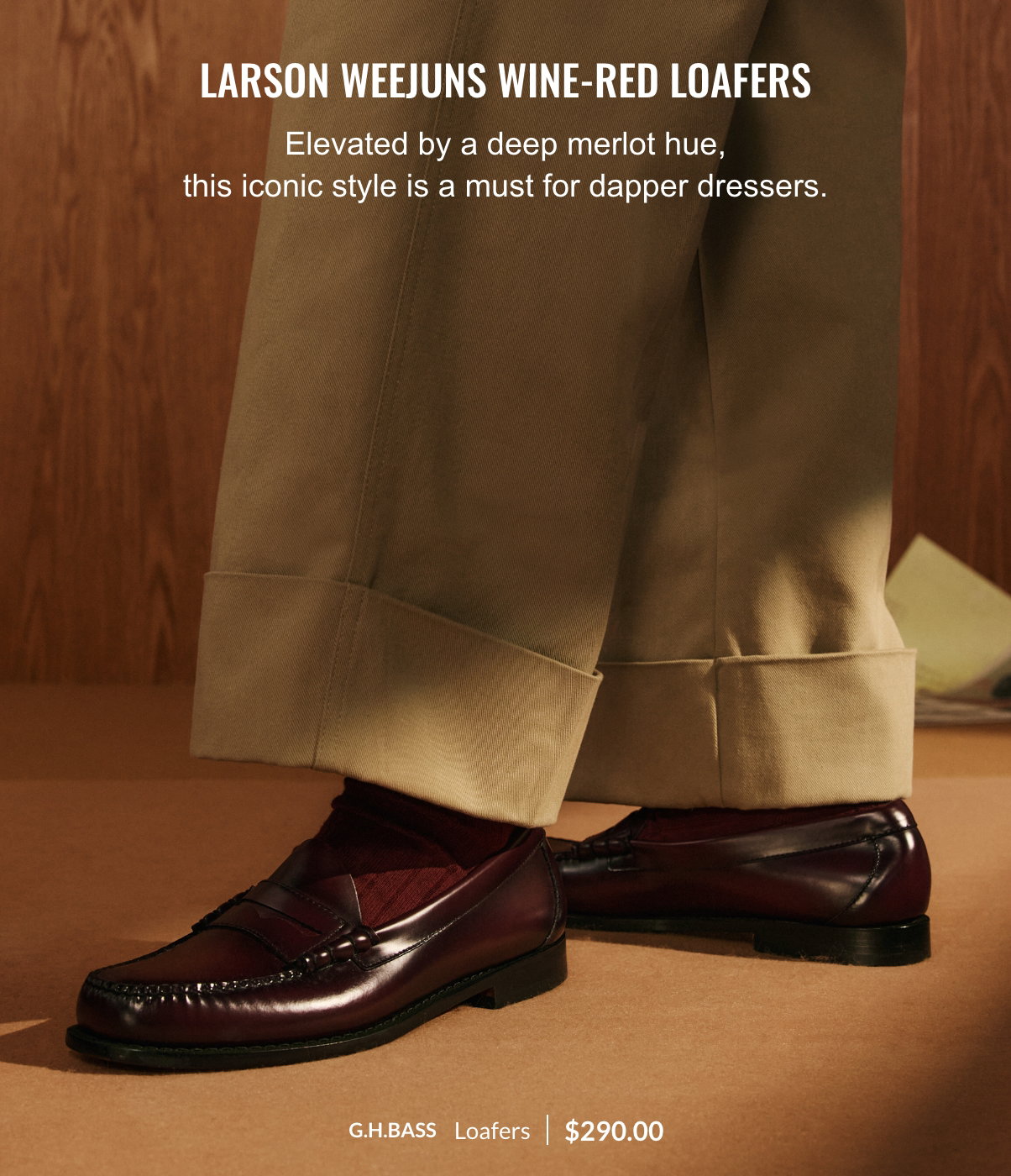 Larson Weejuns wine-red loafers; Elevated by a deep merlot hue, this iconic style is a must for dapper dressers.; G.H.BASS; Loafers; 290$