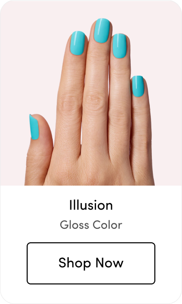 Close-up of manicured nails in a bright turquoise shade called 'Illusion' with a 'Shop Now' button below, labeled 'Gloss Color.'