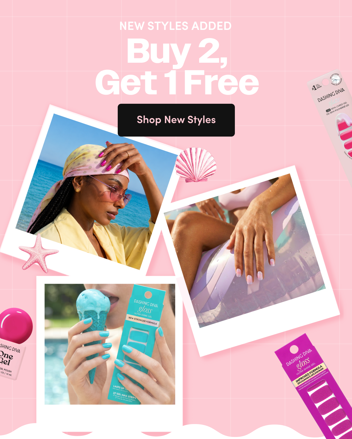 'New Styles Same Deal — Buy 2, Get 1 Free' promo graphic on a pink background with a scrapbook-style photo collage: a woman in a yellow headscarf and sunglasses at the beach with magenta manicured nails, a hand with pastel lilac nails resting on an iridescent pool float, and a woman eating blue ice cream while holding a Dashing Diva Gloss nail strip package. Includes product shots of One Gel polish and Gloss nail strips.