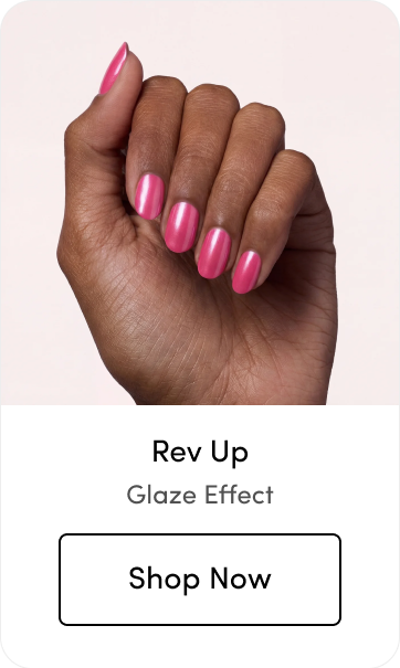 Close-up of manicured nails in a shimmery pink shade called 'Rev Up' with a 'Shop Now' button below, labeled 'Glaze Effect.'