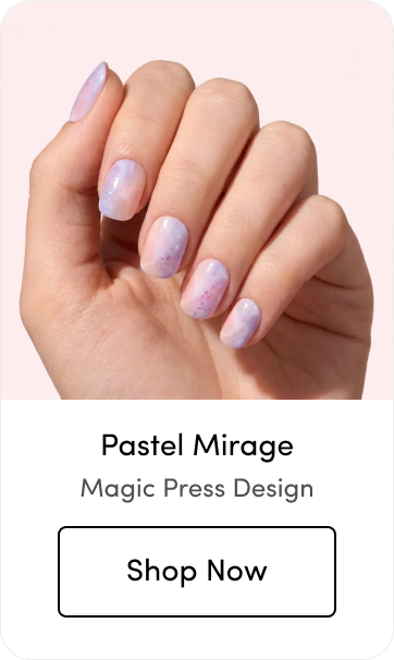 Close-up of manicured nails in a pastel lilac and pink marbled design called 'Pastel Mirage' with a 'Shop Now' button below, labeled 'Magic Press Design.'