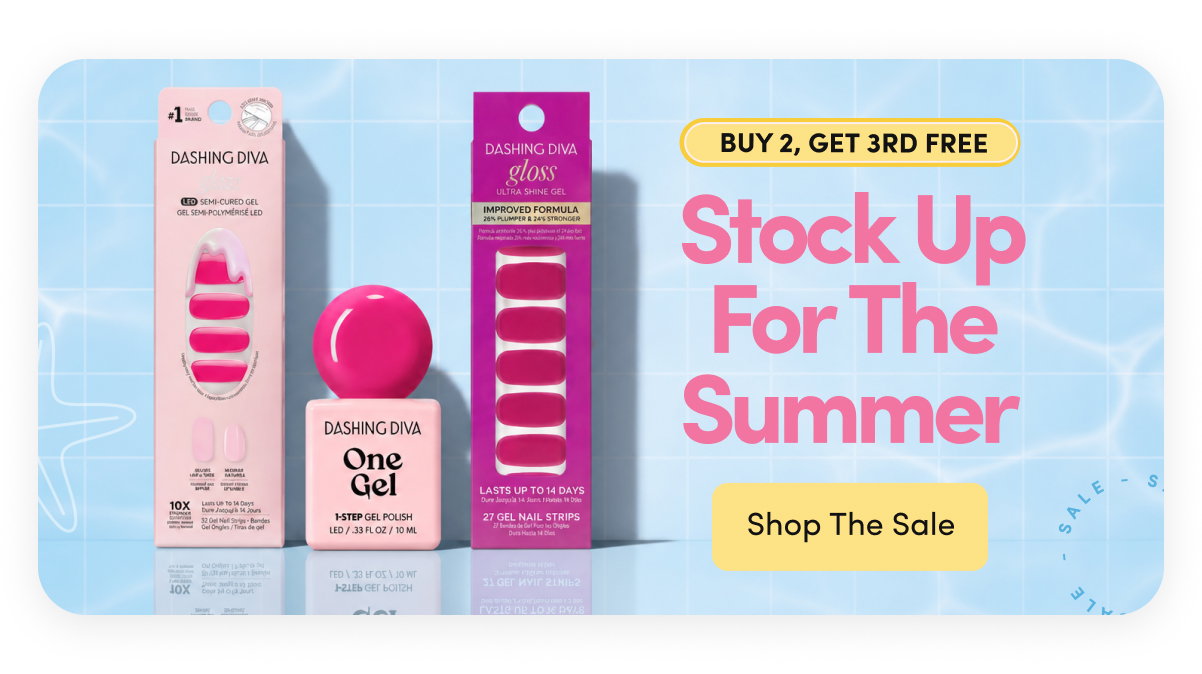 'New Styles — Summer Splash Sale, Buy 2, Get 1 Free' promo banner on a pink-to-yellow gradient background, featuring a Dashing Diva Glaze semi-cured gel nail strip package, a One Gel polish bottle, and a Gloss ultra shine gel nail strip package in magenta.