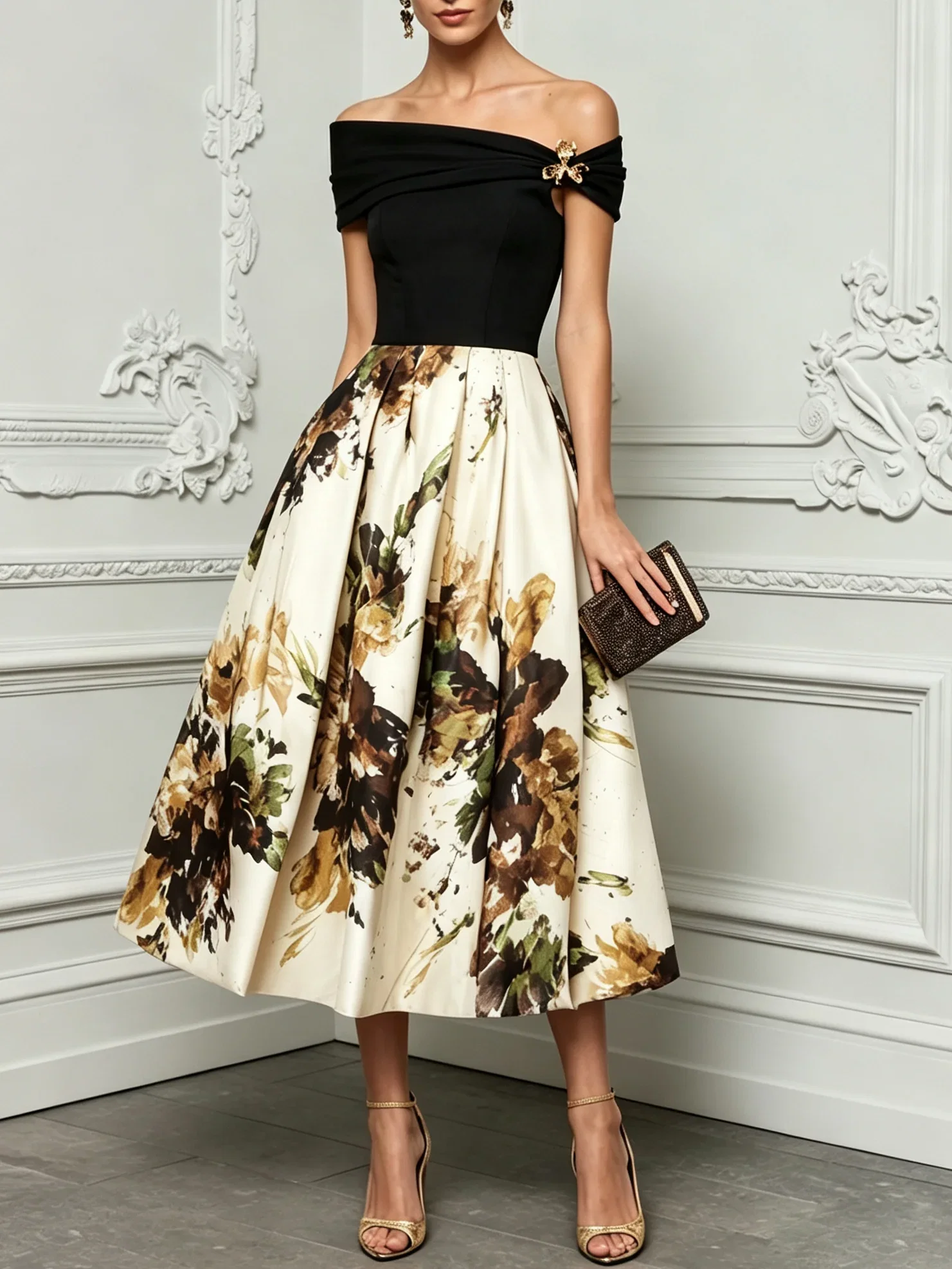 Black Metal Floral Classic Off The Shoulder Short Sleeve A-Line Midi Dress