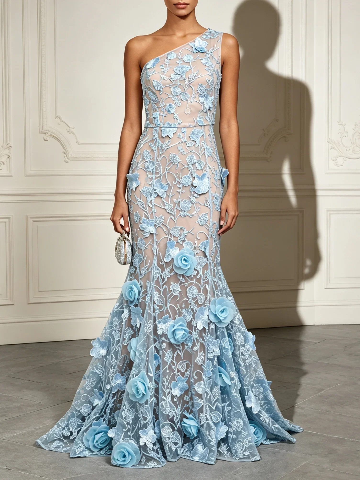 Light Blue 3D Floral Classic One Shoulder Sleeveless Mermaid Gown Dress