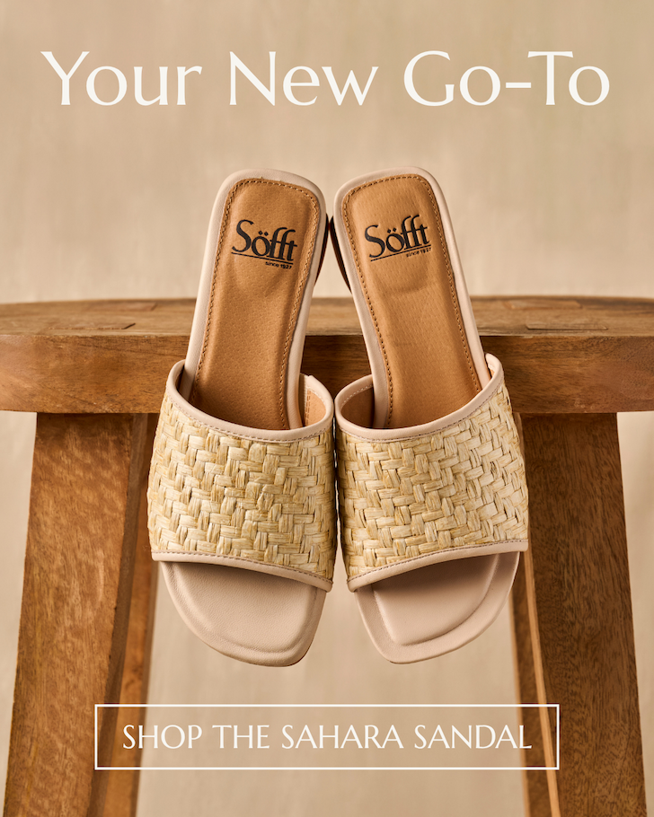 Söfft Sahara sandal in tan placed on a wooden stool
