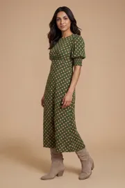 Petite Pink Spot Shirred Cuff Midi Dress