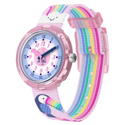 Kinderuhr von Flik Flak in den Farben des Regenbogens freigestellt vor hellem Hintergrund