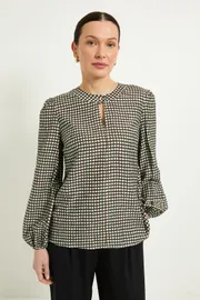 Check Button Detail Keyhole Blouse