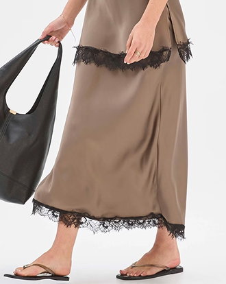 Preview lace trim satin midi skirt