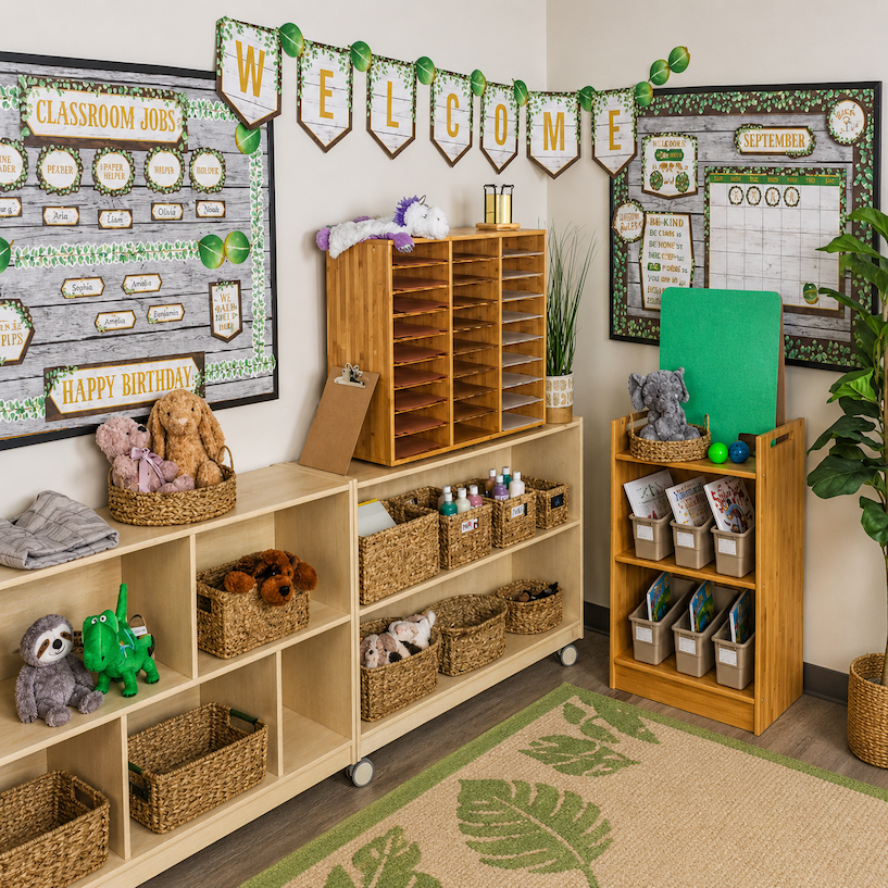 Welcoming nature-themed classroom corner