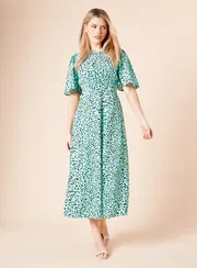 Green Animal Flutter Sleeve Shirred Waist Midi Dress