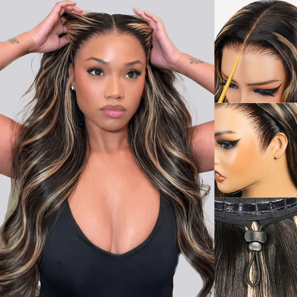 Megalook 13x6 Three-Go™ Balayage Highlight Glueless Wigs Silky Straight With Drawstring 100% Human Hair Wig - 180% / Body Wave / 20 inch