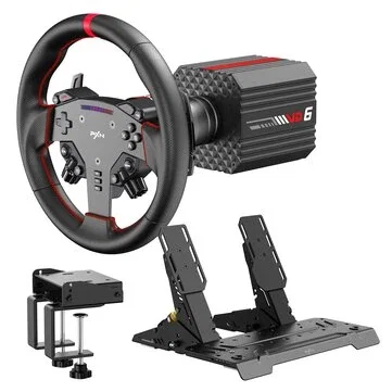 PXN VD6 Bundle PC Steering Wheel and Pedals 6 Nm Direct Drive Servo Motor Base W AS Racing Wheel PD Hall Effect 2-Pedal Set and Z8 Table Clamp Professional Sim Racing Setup for Windows PC