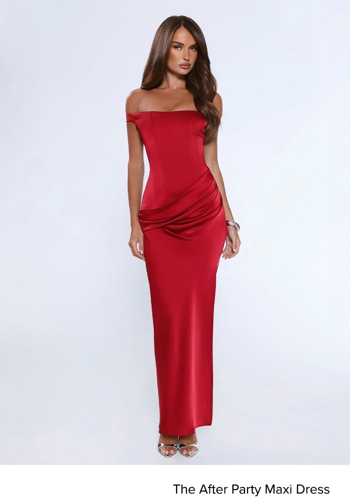 The After Party Off Shoulder Satin Maxi Dress Red