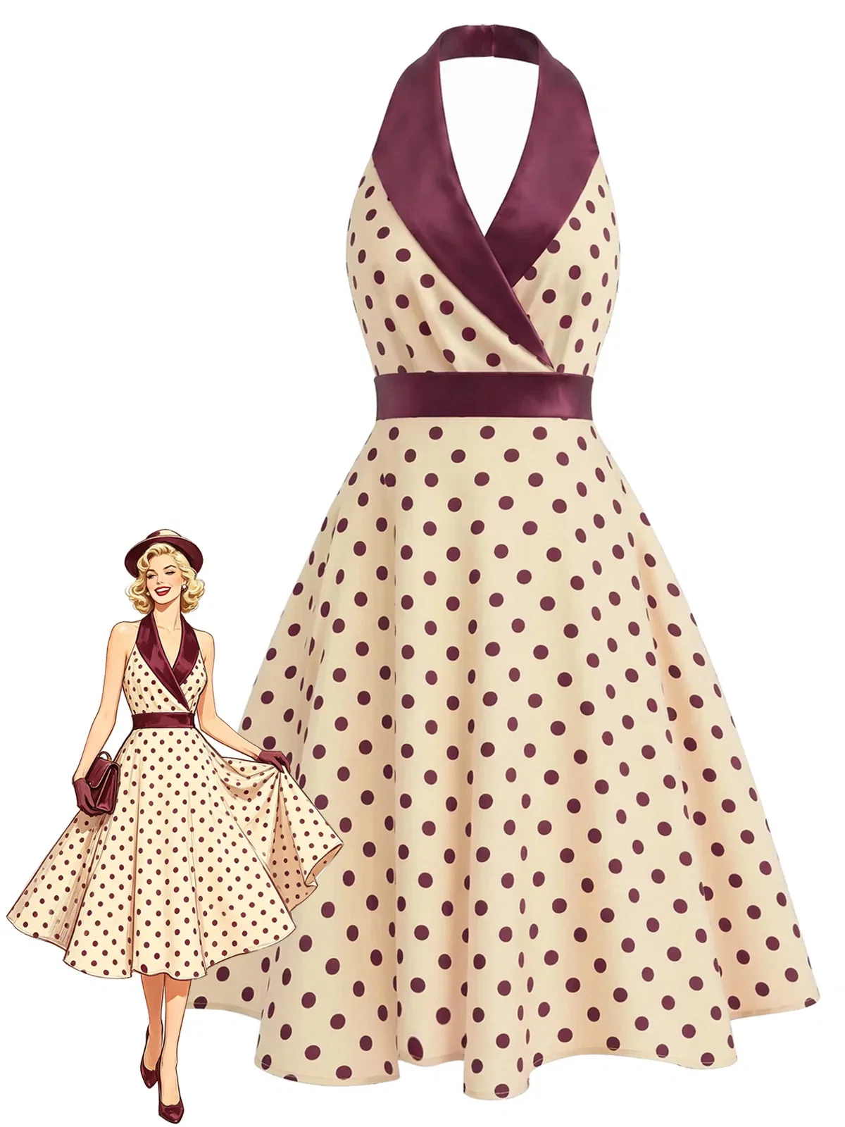 [Pre-Sale] Apricot 1950s Polka Dot Satin Shawl Collar Halter Dress